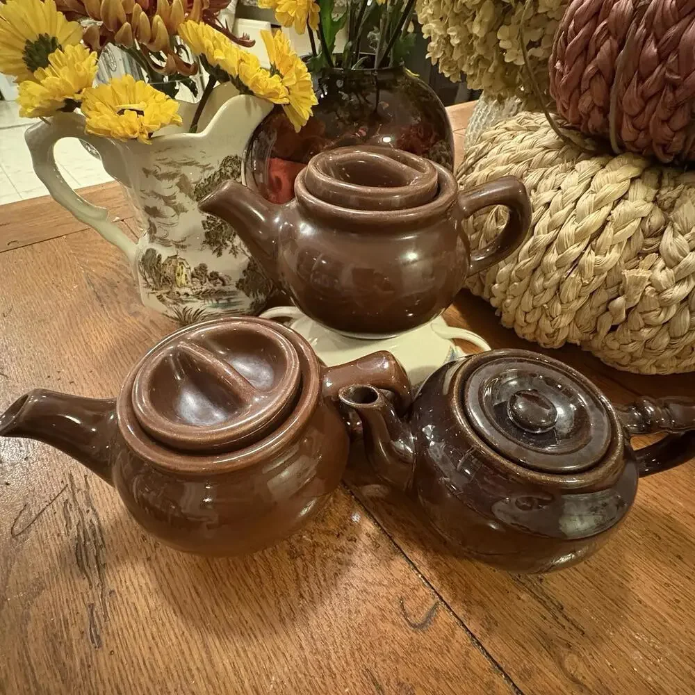 Brown Glaze Teapots Rustic‎ Vintage Unmarked Trio Mix And Match Cottage Cozy Tea